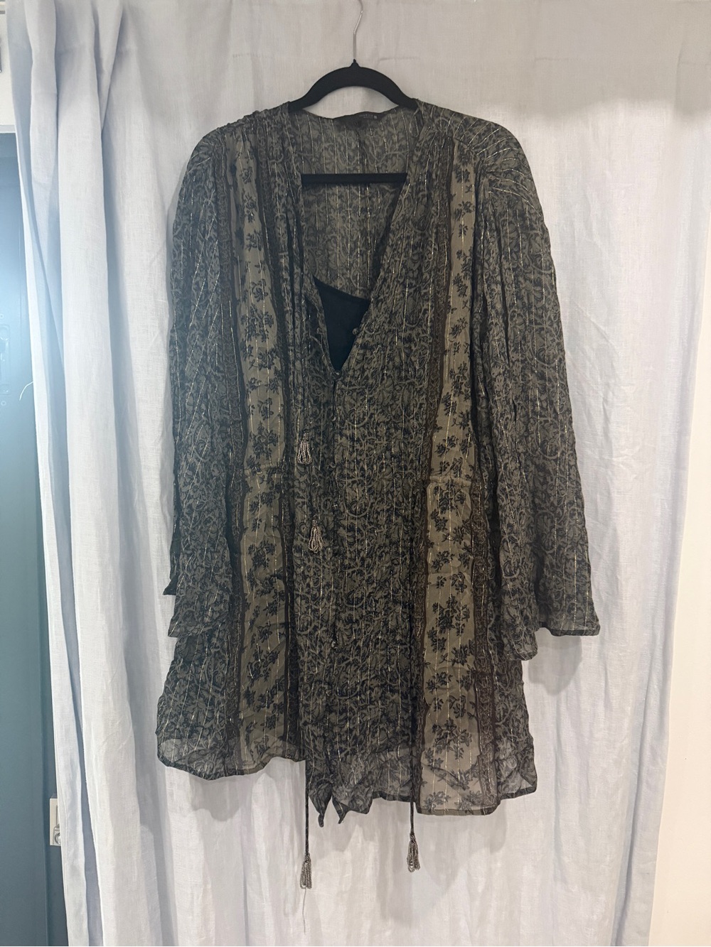 Zara Boho Floral Sheer Tunic dress in Olive Green with metallic thread details
